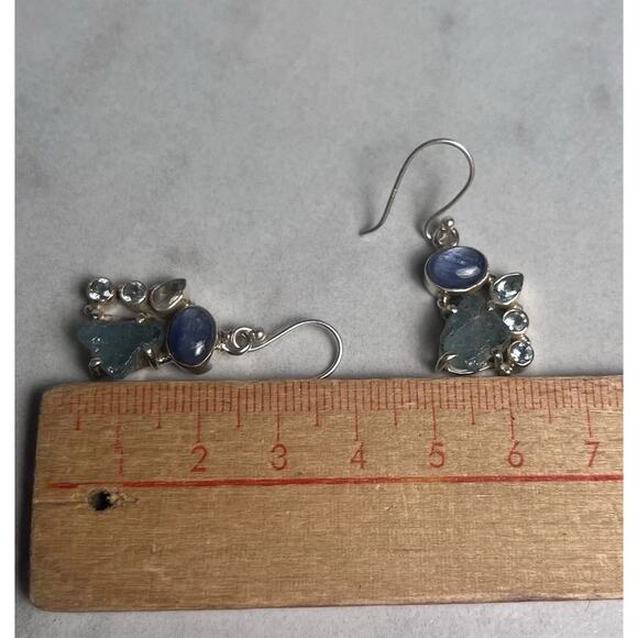 Sterling Silver 925 Earrings Rough Aquamarine Blue Topaz & Kyanite Hook Dangle - Picture 16 of 16